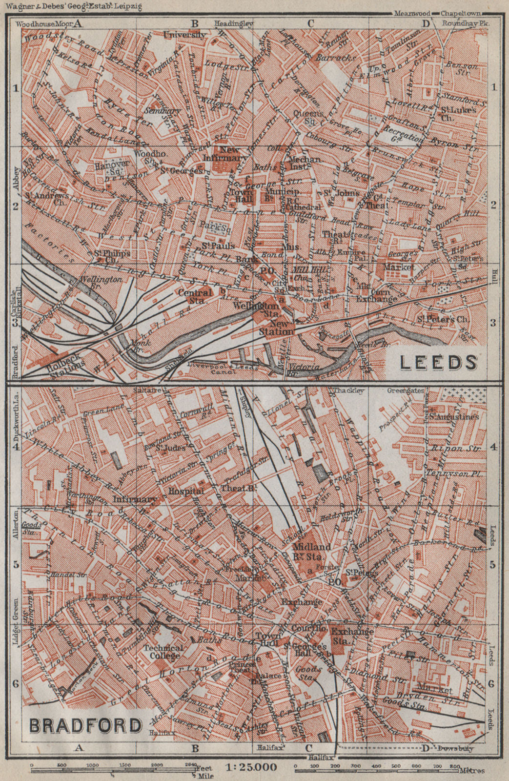 LEEDS & BRADFORD antique town city centre plans. Yorkshire. BAEDEKER 1910 map